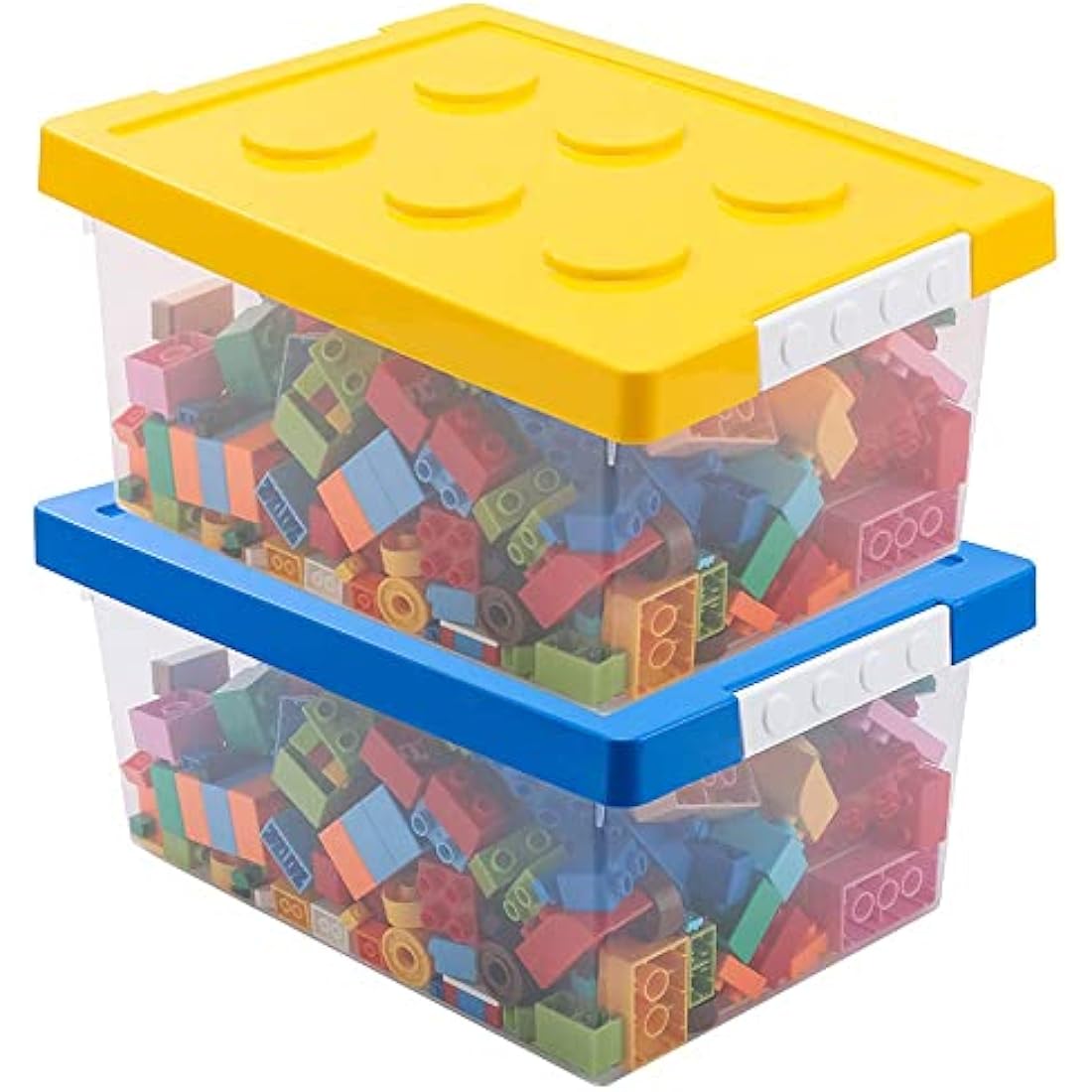 Greentainer Toy Storage Organizer Bins with Lid - Stackable Plastic Box Set of 2, Kids Chests Compatible Building Baseplate and Lid, Container for Bricks & Toys, Blue