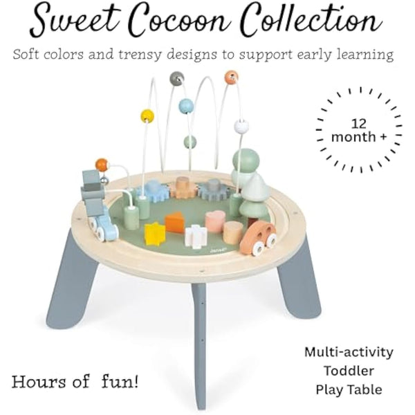 Janod J04402 Sweet Cocoon Wooden Activity Multi-Play Table Toddlers – Fine Motor Development – Non-Slip Feet – Water Painted and FSC Certified – Suitable for Age 1 Year and Above