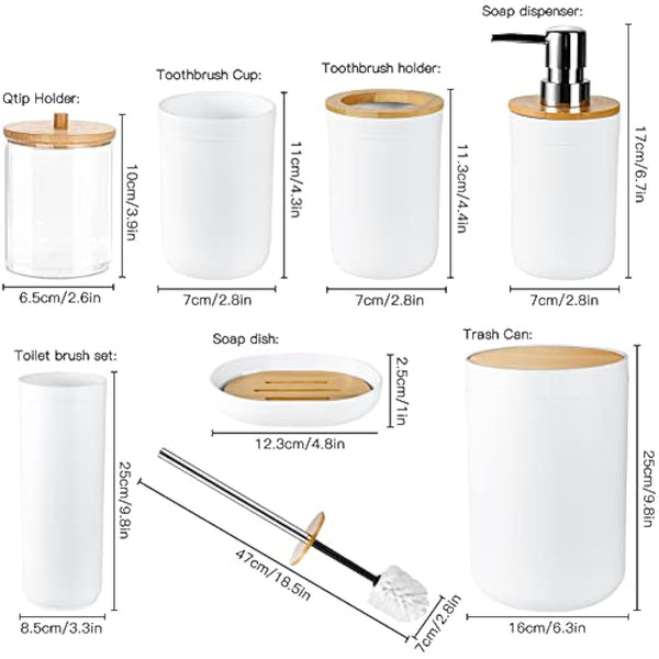 JOTOM 7 Pieces Bamboo Bathroom Accessory Set Luxury Plastic Accessories Qtip Holder Toothbrush Tumbler Toilet Brush Soap Dish Trash Can Dispenser Bath Gift (White) (JQJT1009)