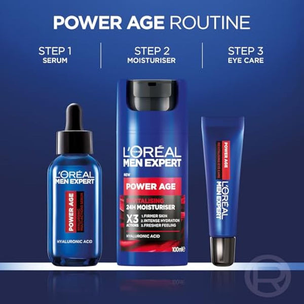 L'Oreal Men Expert Power Age Moisturiser, Hydrating & Revitalising Hyaluronic Acid Moisturiser for Men, designed for Ageing, Dry & Dull Skin 100ml, 1