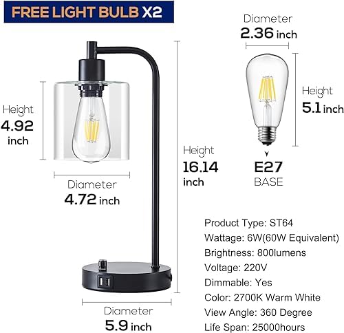 Homelist Dimmable Bedside Lamps Set of 2, Industrial Retro with USB Charging Ports, Black Modern LED Nightstand Desk Beside Table Lamp, Glass Shade for Bedroom Living Room Home Office, Bulb Included