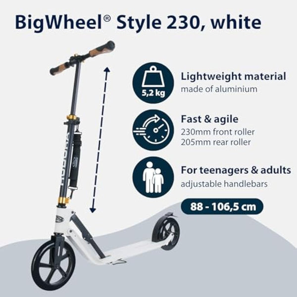 HUDORA BigWheel Style 230 Scooter I Stabiler Aluminium-Roller mit großer Trittfläche I Höhenverstellbarer & zusammenklappbarer Cityroller für bis zu 120kg I Tretroller für Jugendliche & Erwachsene