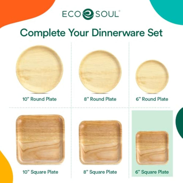 ECO SOUL 100 Disposable Palm Leaf Plates 6”(15cm) Square Small Bamboo Plate I Eco Friendly, Biodegradable, Compostable Heavy-Duty Plate, Wooden Plates for Party & Events I Microwave & Oven Safe