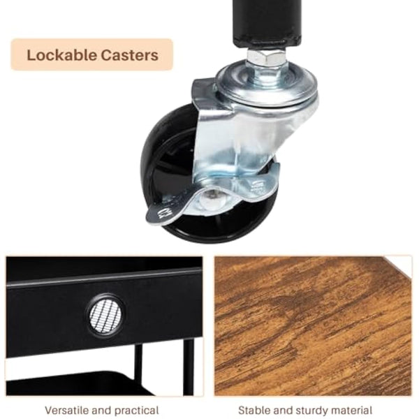 DOEWORKS Metal Storage Cart with Drawer, 3-Tier Trolley Cart on Wheels, Rolling Storage Trolley for Room, Bathroom, Office, Black