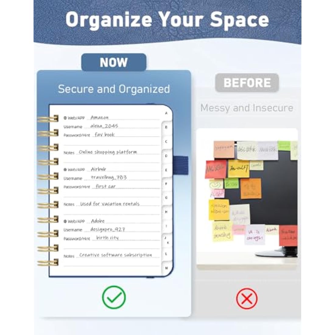 WEMATE Spiral Password Book with Alphabetical Tabs, Small Password Keeper Book for Seniors, Internet Password Notebook Hardcover Password Journal logbook – 12 x 15cm (Navy Blue)