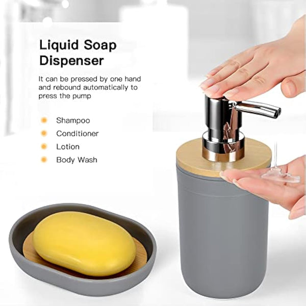 JOTOM 7 Pieces Bamboo Bathroom Accessories Bathroom Accessory Set Luxury Modern Plastic Bath Set Toothbrush Holder Tumbler Qtip Holder Toilet Brush Set Soap Dish Trash Can Soap Dispenser Gift (Grey)