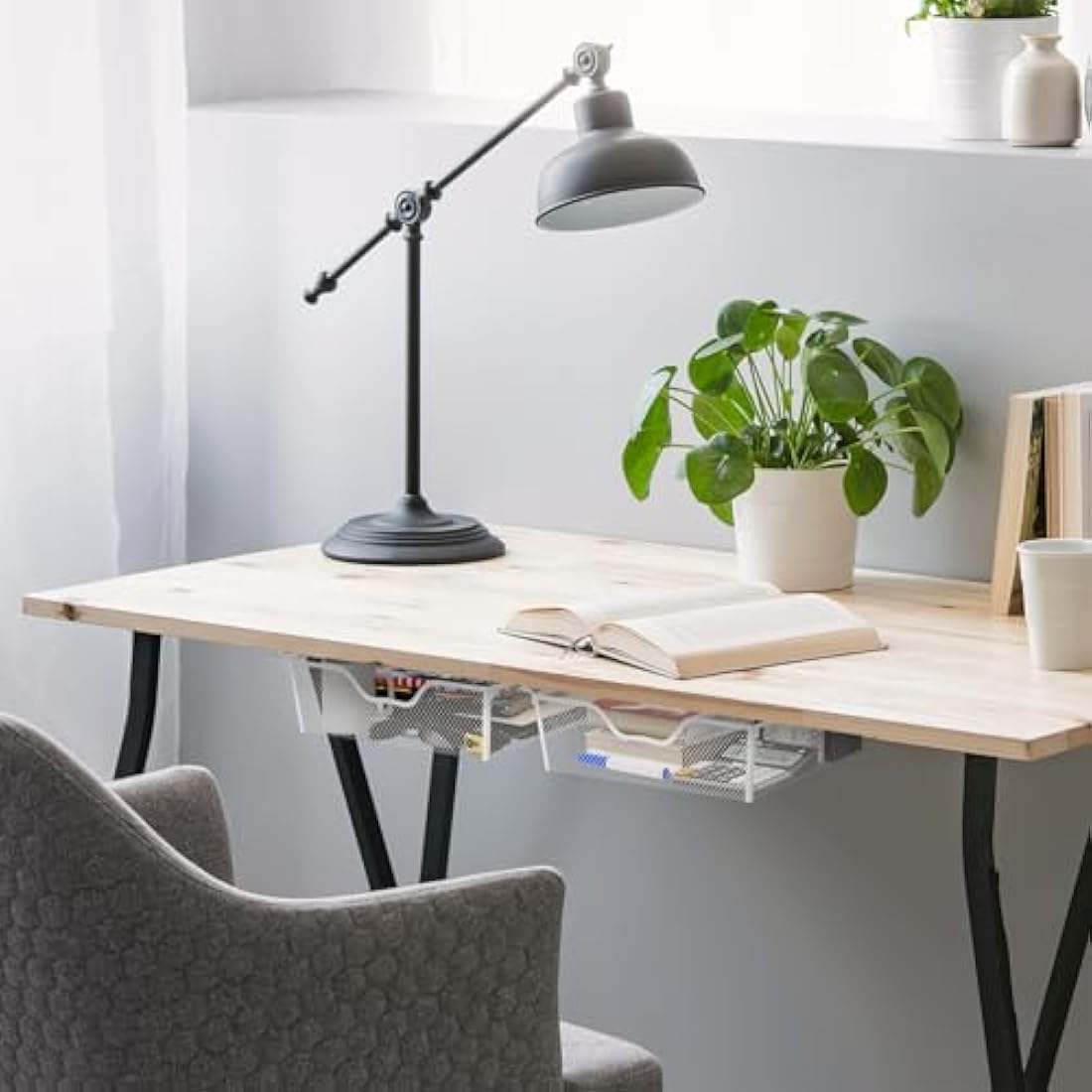 2 Pack Pull Out Basket Storage Under Shelf, Under Cabinet Hanging Drawer, Metal Wire Mesh Storage Basket Organizer for Kitchen, Office, Wardrobes, Cupboard rack White