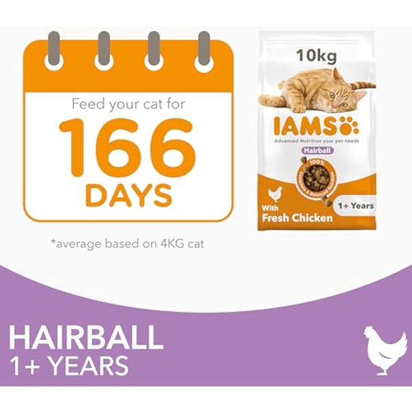 IAMS Hairball Complete Dry Cat Food Chicken 10kg - Significantly Reduces Hairball Formation