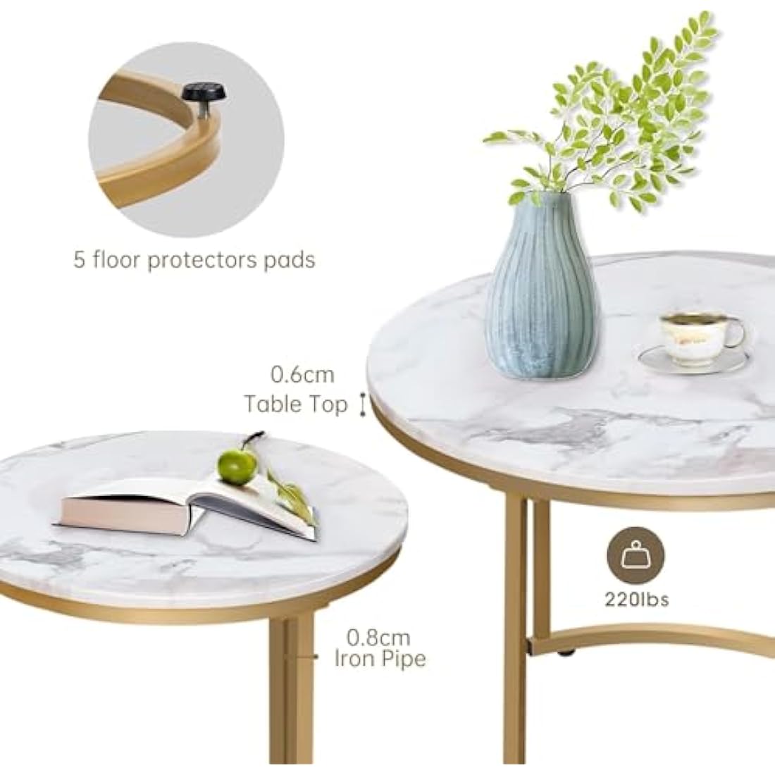 Huhote Round Coffee Tables, Set of 2 End Table, Nesting Tables, Side Table with Metal Frame for Living Room/Bedroom/Balcony/Office/Apartment, Diameter 23.6/15.7 IN (Gold Frame, White Marble Top)