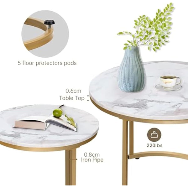 Huhote Round Coffee Tables, Set of 2 End Table, Nesting Tables, Side Table with Metal Frame for Living Room/Bedroom/Balcony/Office/Apartment, Diameter 23.6/15.7 IN (Gold Frame, White Marble Top)