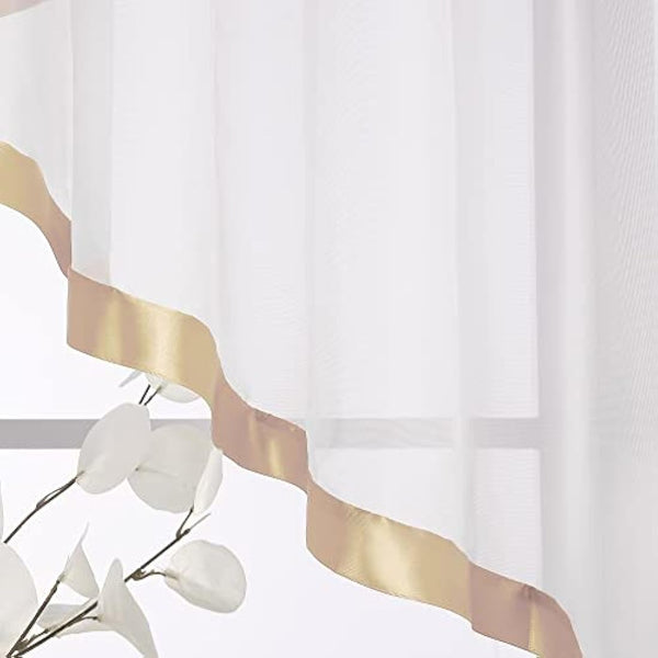HongYa Kuvertstore Transparent Voile Curtain with Satin Ribbons Ruffle Tape Curtain H/W 120/300 cm Sand