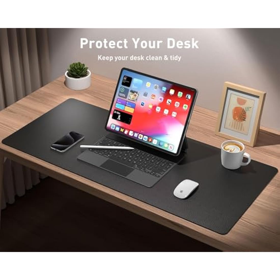 Leather Desk Pad Protector,Mouse Pad,Office Desk Mat,Non-Slip PU Leather Desk Blotter,Laptop Desk Pad,Waterproof Desk Writing Pad for Office and Home (91cm x 43cm, Black)