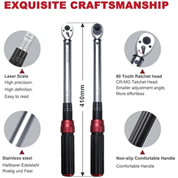 FOURROBBER 3/8-inch Drive Dual-Direction Click Torque Wrench Set 90-Tooth High Accuracy ± 3% Torque Wrench with Buckle 20-140Nm