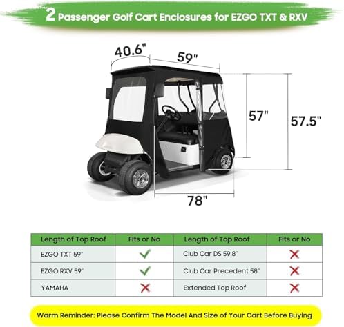 10L0L Golf Cart Deluxe Driving Enclosure 2 Passenger Fits EZGO TXT & RXV Golf Cart Only, Heavy Duty 600D Waterproof Portable Drivable Golf Cart Storage Cover Enclosure - Black