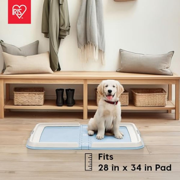 IRIS USA Pee Pad Holder, XL, Marking and Leg Lifting Dog Pad Holder, Foldable, Secured Latches, Non-Skid Rubber Feet, High Polish Finish for Easy Cleaning, Fits 23"x35" Pad or Larger, Blue