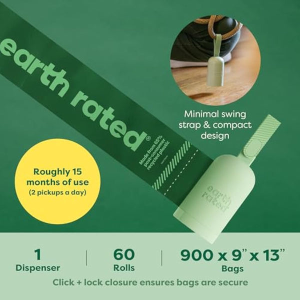 Earth Rated Dog Poo Bag Holder with Dog Poo Bags Rolls, Durable and Guaranteed Leakproof, Unscented, 1 Dispenser and 900 Bags