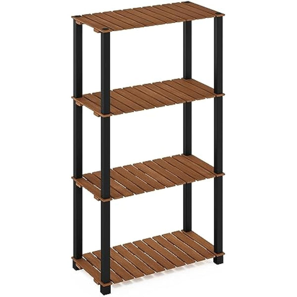 Furinno Pangkor 4-Tier Turn-N-Tube Indoor Outdoor Plant Shelf Wood Stand with Square Poles, Natural/Black