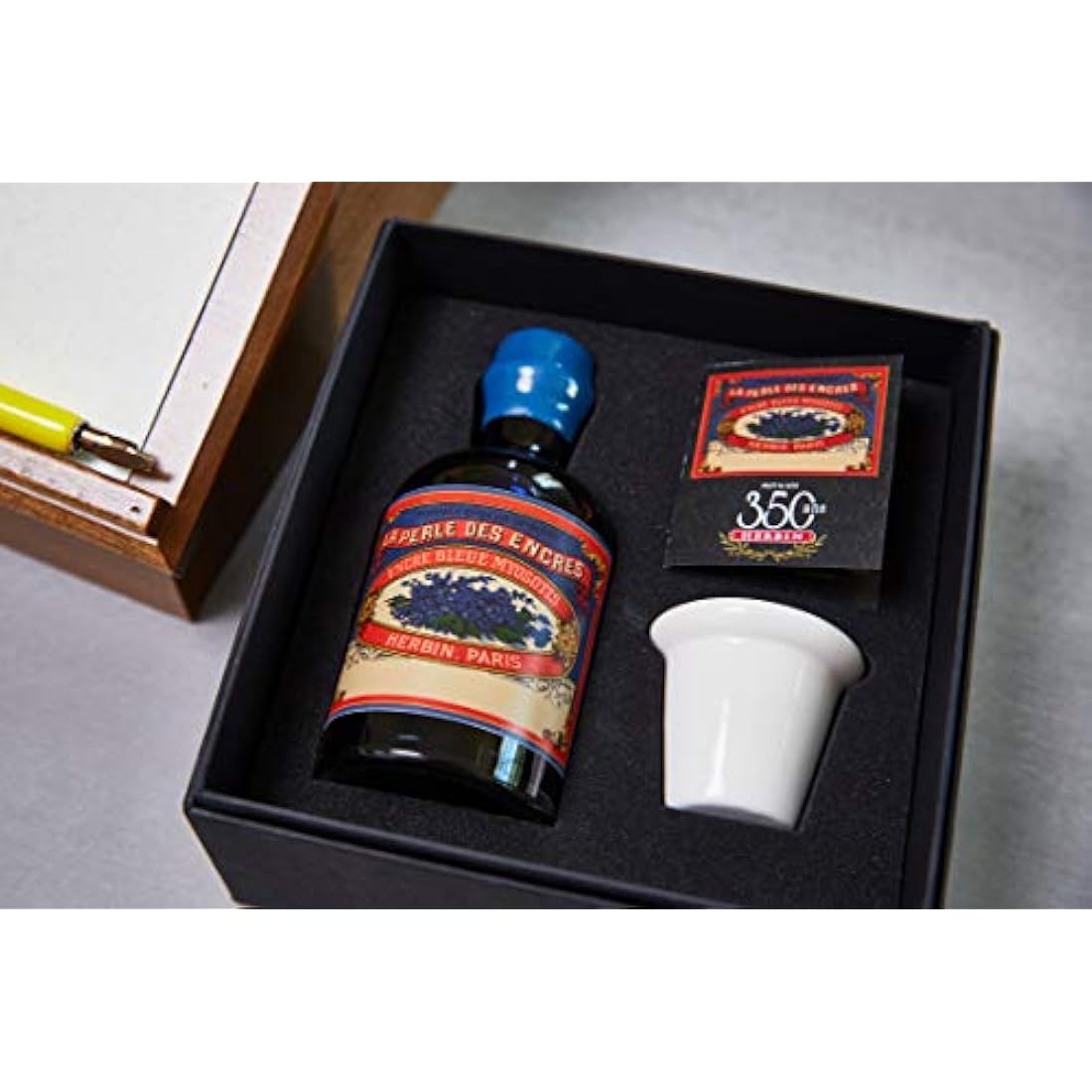 Jacques Herbin - Ref 27915T - 100ml Bottle of 'Special 350 Years' Ink with Inkwell Box & Porcelain Inkwell - Bleu Myosotis / Forget-Me-Not Blue - Blue-Coloured Ink