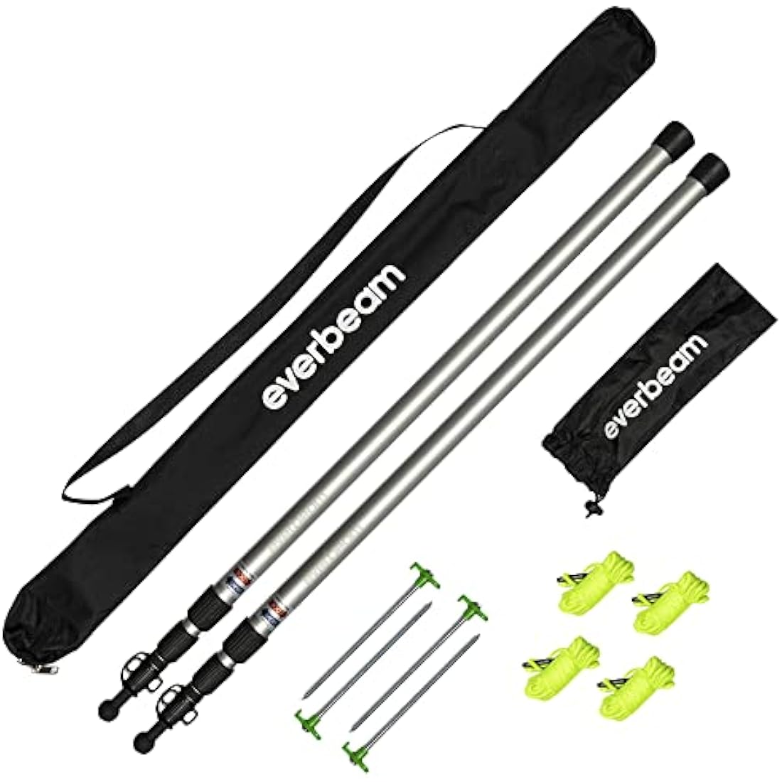 Everbeam Telescopic Tarp Pole for Camping, Hiking, Fishing - Adjustable Aluminium Rods Extend To 92" - Portable & Lightweight, Ideal for Awning, Tent Fly - Includes Guy Lines, Carry Bag - 2 Packs