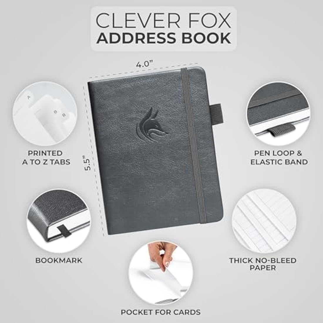 Clever Fox Address Book with alphabetic tabs - PU Leather Telephone and Address Book for Keeping Contacts Safe, Contact Organizer Journal, Small Size (10.5 x 14cm), Hardcover, Silver Black