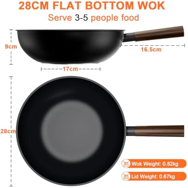Jobin Wok Non Stick with Lid, 28cm Aluminium Wok Frying Pan, Large Capacity for Cook Asian Dishes for 3-5 People, Ideal for Induction, Gas, All Hobs