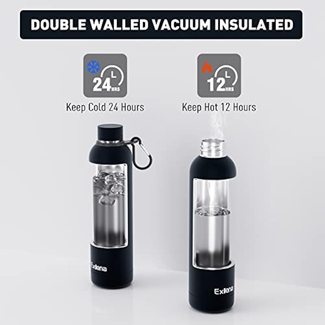 Exllena Insulated Black Water Bottles 1l with Clip, Double Wall Vacuum Drinks Bottle Keeps Drinks Cold 24 Hrs/Hot 12 Hrs, Stainless Steel Water Bottle BPA Free