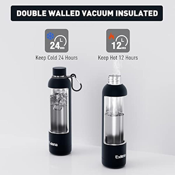 Exllena Insulated Black Water Bottles 1l with Clip, Double Wall Vacuum Drinks Bottle Keeps Drinks Cold 24 Hrs/Hot 12 Hrs, Stainless Steel Water Bottle BPA Free