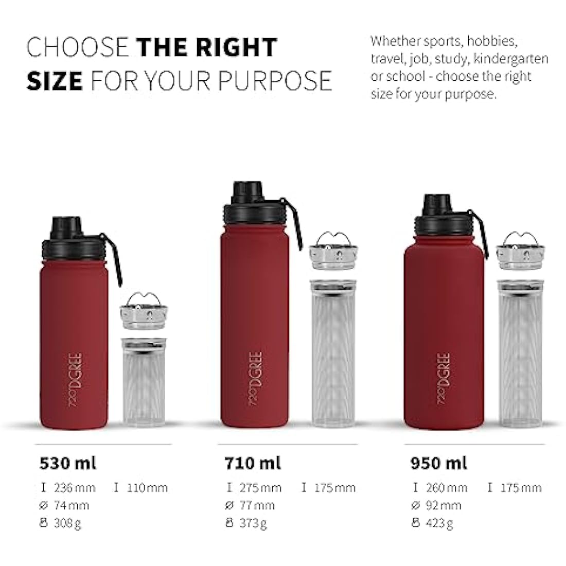 720°DGREE Vaccum Insulated Water Bottle + Infuser “noLimit“ - 950ml - Leakproof, BPA-Free, Thermo Stainless Steel Flask - Carbonated Drinks, Sports, School, Travel, Hiking, Outdoor +Sports-Cap