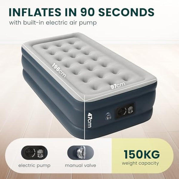 Green Haven Raised Single Air Bed with Built-in Electric Pump – Self-Inflating Blow-Up Mattress with Storage Bag – Waterproof & Durable Camping Air Mattress for Indoor & Outdoor Use