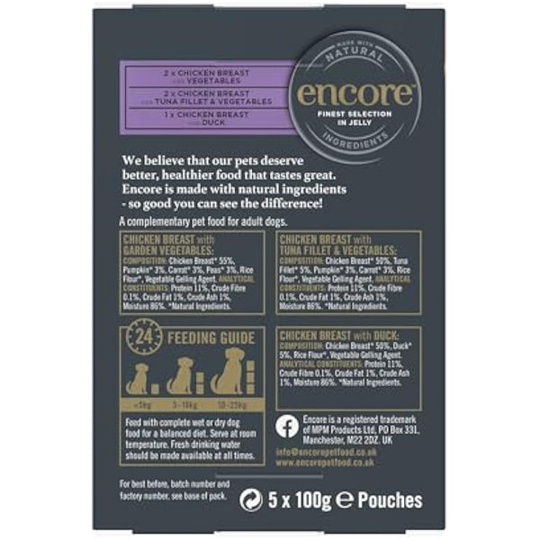 Encore Natural Wet Dog Food Pouches Finest Chicken Selection in Jelly, 5x100g Pouches