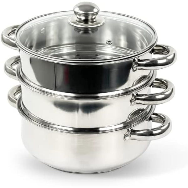 New 3PC Stainless Steel Steamer Cooker Pot Set PAN Cook Food Glass LIDS COOKWARE