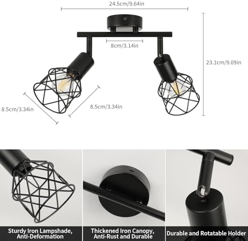 FORCOSO Ceiling Lights Spotlight, 2 Way Spot Lights 350°Adjustable, E14 Base Black Light Shade Metal Wire Cage Light Fittings, Industrial Wall Ceiling Lamp for Kitchen Living Room Hallway Bedroom