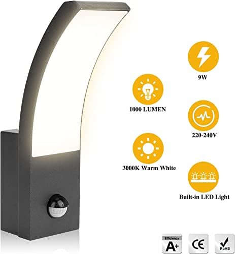 HLFVLITE Outdoor Wall Light with Motion Sensor - PIR LED Exterior Light, IP54 Waterproof, Aluminum Outside Wall lamp for Patio, Terrace, Hallway, Garage, and Porch - 3000K, 1000LM, Black