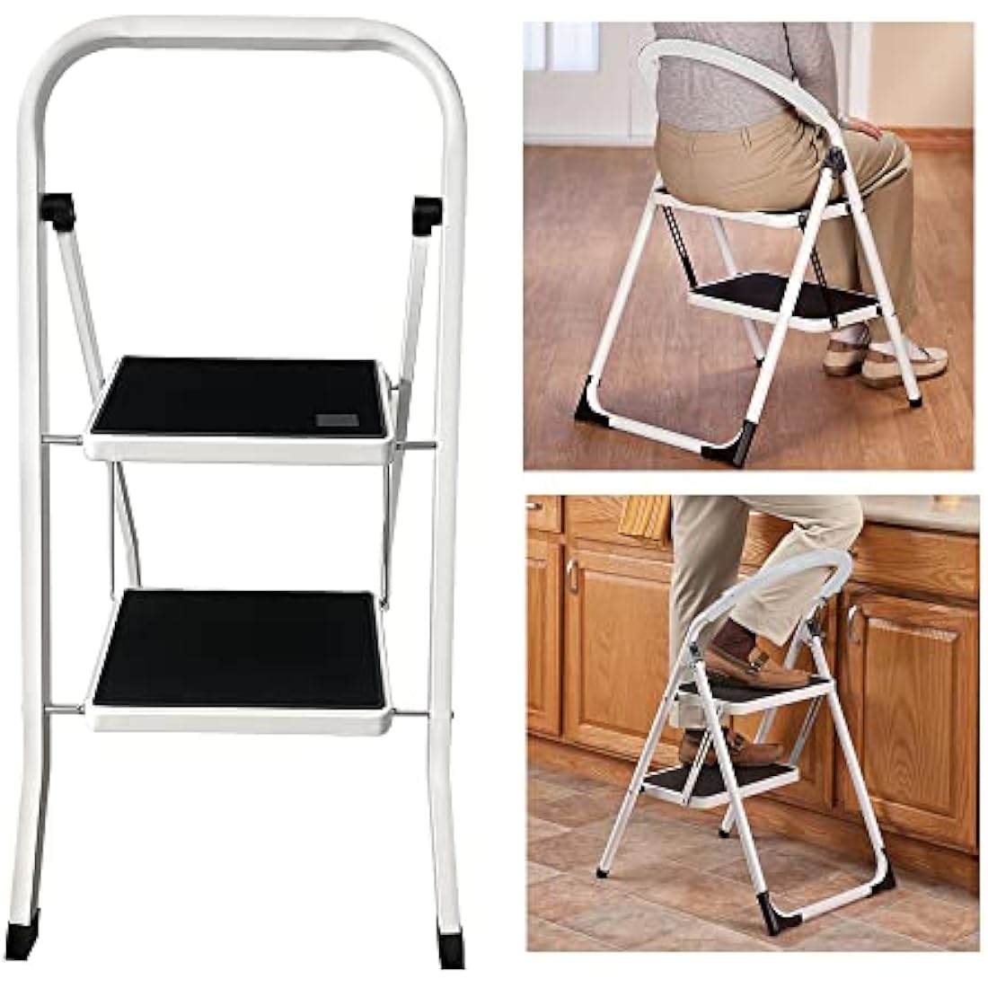 2 Step Ladder Portable Folding 2 Step Stool Heavy Duty Steel Ladder with Hand Rail and Anti-Slip Wide Pedal, Lightweight Stepladder for Home and Kitchen Use, 330lbs Capacity
