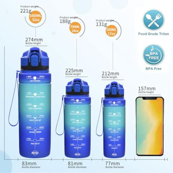 Niggeey 500ml & 700ml & 1000ml Motivational Water Bottle with Time Marker, Sports Water Bottles, Leak Proof BPA Free Tritan Drink Bottle for Kids, Men, Women, Running, Cycling, School, Gym and Sport
