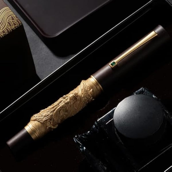 Hongdian N24 Fountain Pen Fine Nib, Golden Dragon Stereoscopic Carving with Red Wood Design