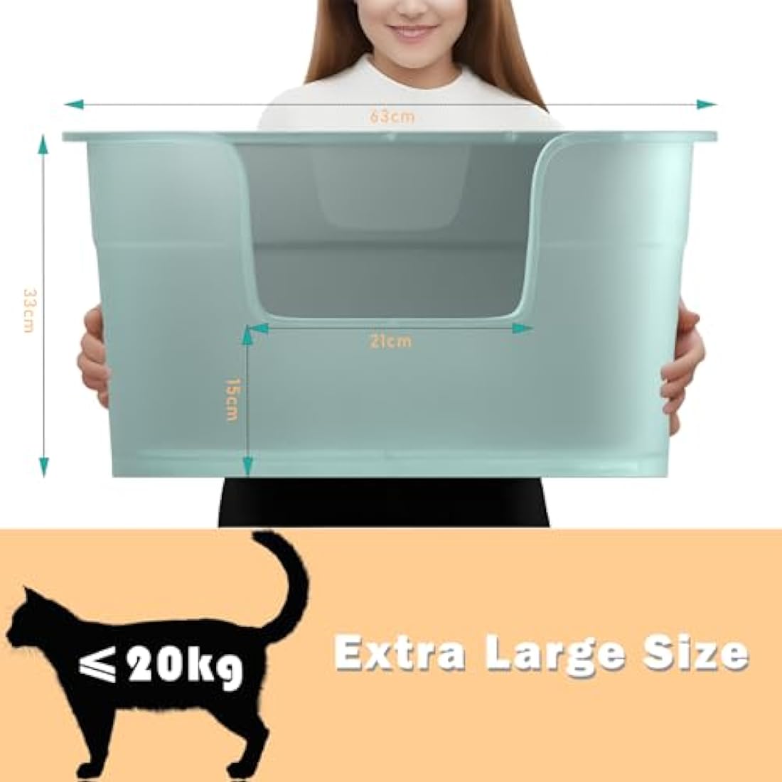 Extra Large Cat Litter Tray, 63cm x 45cm x 33cm Deep, Easy Cleaning, Lowered Entry, Anti-Spillage, Transparent Green