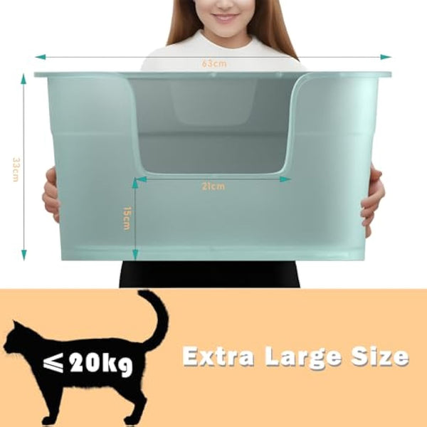 Extra Large Cat Litter Tray, 63cm x 45cm x 33cm Deep, Easy Cleaning, Lowered Entry, Anti-Spillage, Transparent Green