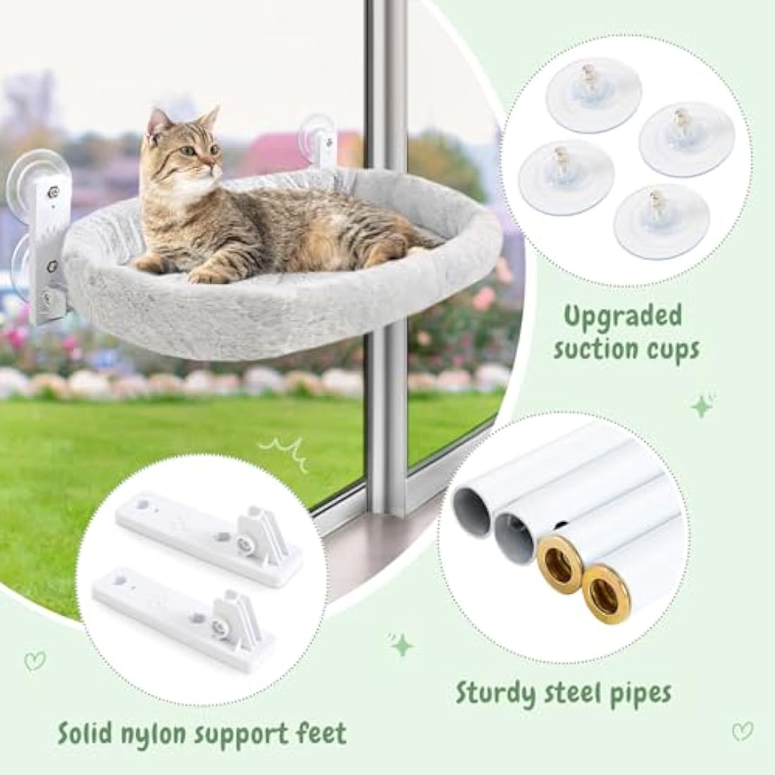 GUUSII HOME Cat Hammock Window Perch Foldable Hanging Bed Windowsill Seat Large Cats Shelf with Strong Suction Cups Kitty Lounger Reversible Cover 53 * 30cm Hold Up to 18kg Easy to Assemble(Grey)