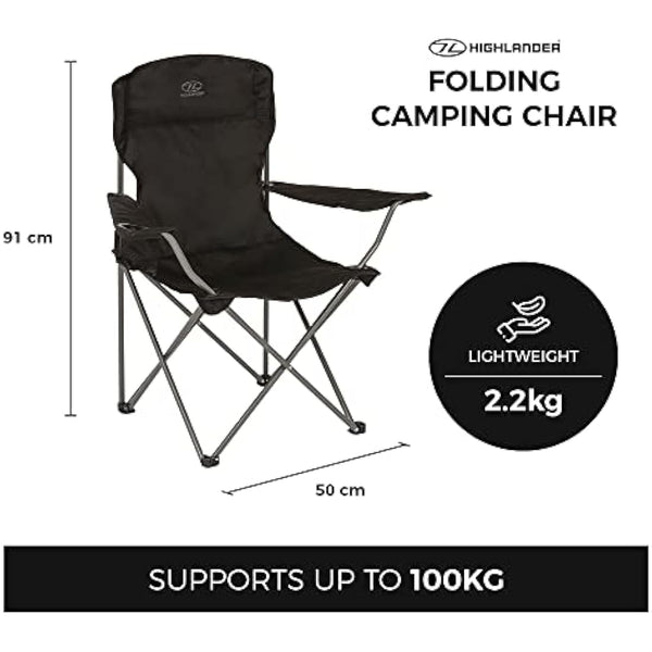 Highlander Camping Chair - Compact & Lightweight Folding Chair, 2.2kg, Portable Chair for Outdoors, Durable Steel Frame Arm Chair with Cup Holder