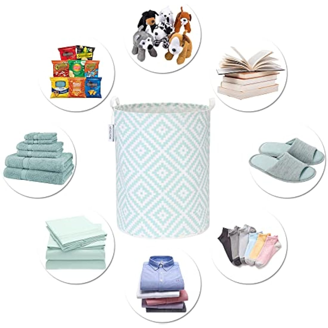 Sea Team 19.7 Inch Large Sized Waterproof Coating Ramie Cotton Fabric Folding Laundry Hamper Bucket Cylindric Burlap Canvas Storage Basket with Stylish Bohemia Mint Design