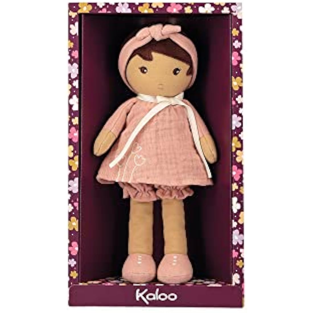 Kaloo - Tendresse - Amandine - My 1st Soft Doll - 25 cm Fabric - Pink Muslin Dress - Olive Skin - Pretty Gift Box and Customisable Ribbon - 0 Months +, K200004, MEDIUM