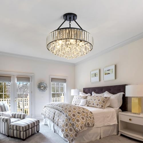 EOPSPYI 6-Lights Modern Crystal Chandelier Black Metal Semi Flush Mount Ceiling Light Fitting Round Ceiling Light for Dining Room Living Room Bedroom Bathroom Kitchen