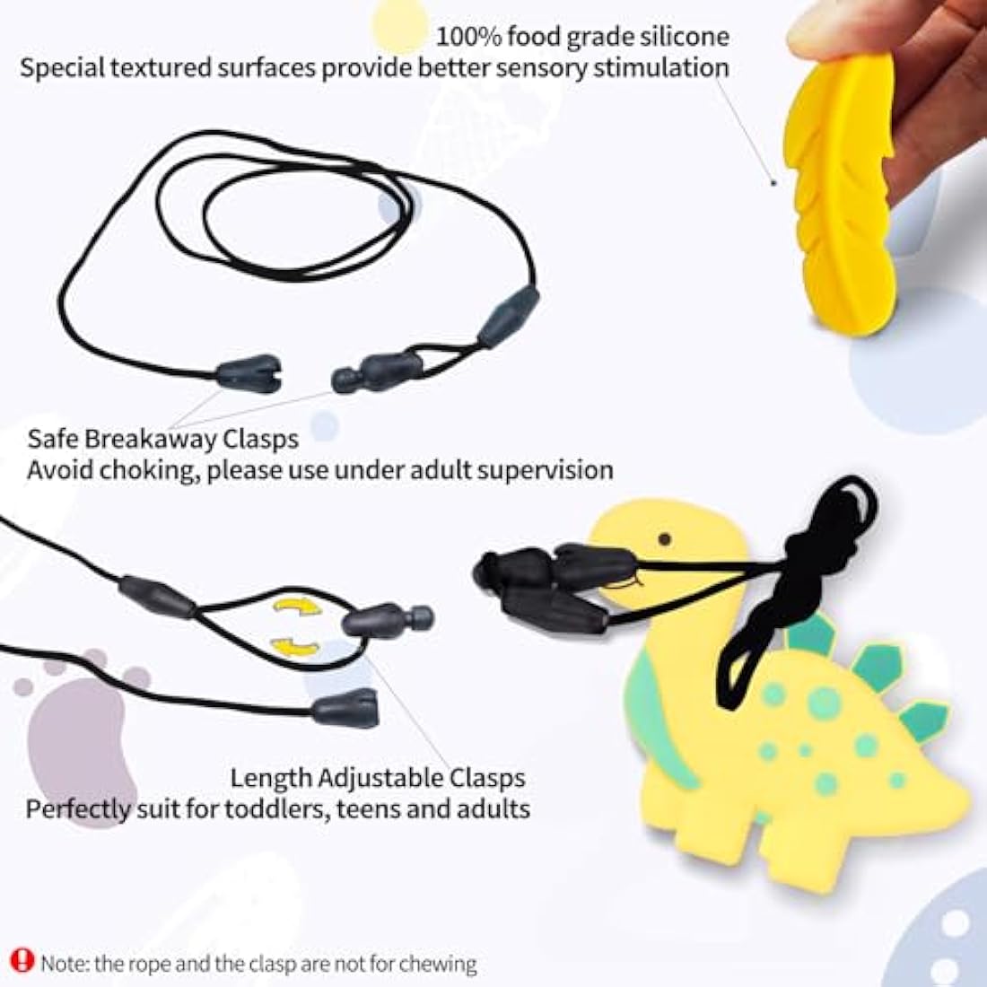 6PCS Sensory Chew Necklace, Teether Chew Toys Safety Food Grade Silicone for Kids Toddlers ADHD, Autistic, Biting Needs, Oral Motor Teether Chew Pendant Toy with Adjustable Buckle for Baby (Yellow)