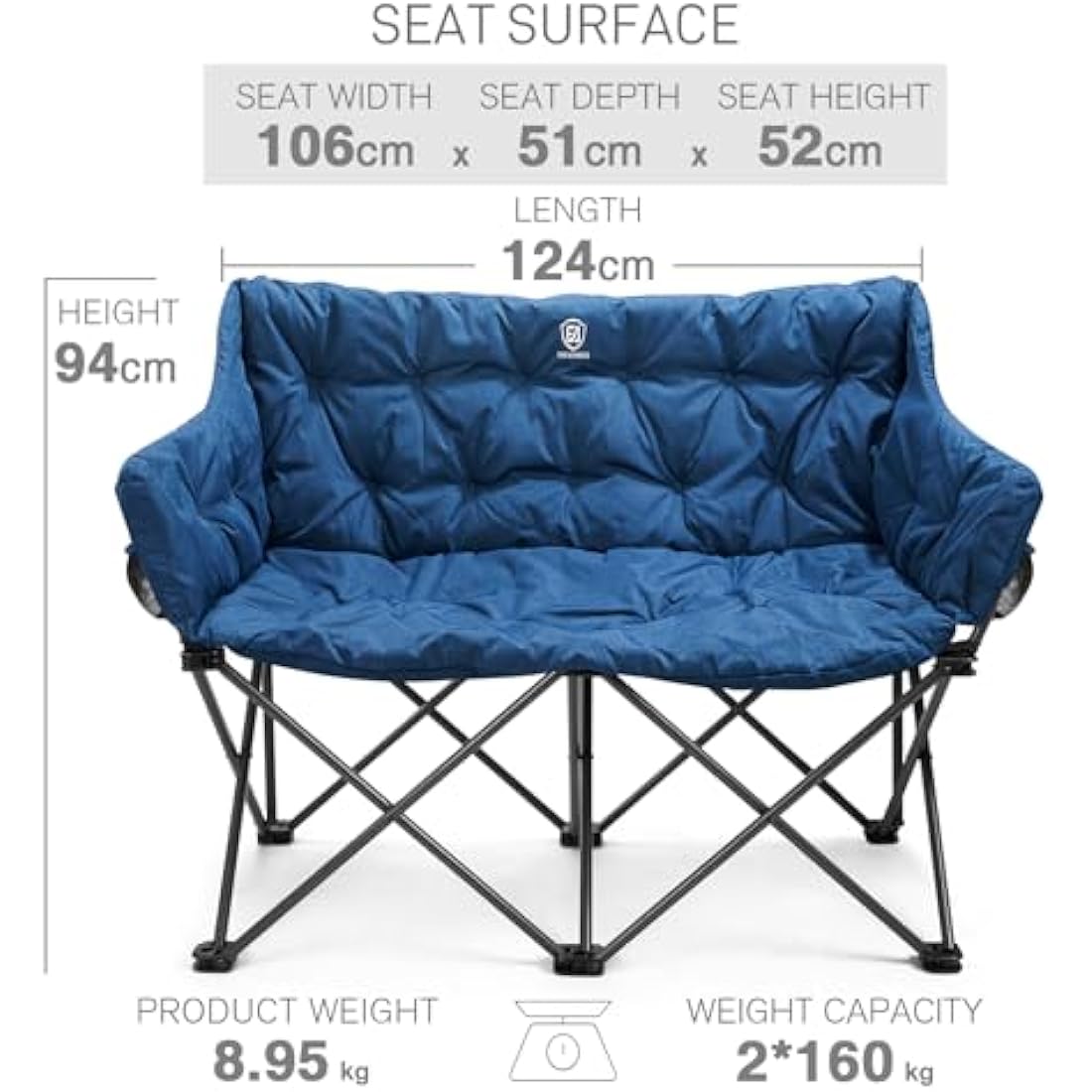 EVER ADVANCED Camping Chair Double for Adults 6cm Padded 320kg Folding 2 Seater Sofa with Side Pocket Dining Garden Outdoor Heavy Duty Luxury Fishing Portable Oversized Comfy Loadable Blue