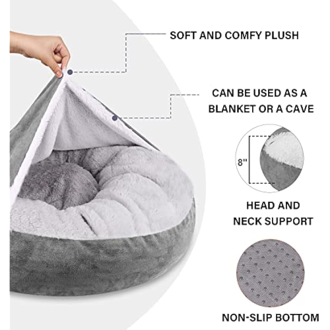 MICOOYO Hooded Dog Bed Large, Cozy Donut Dog Blanket Bed for Doggie, Claming Pet Caved Bed for Cats Puppies (Large, Grey)