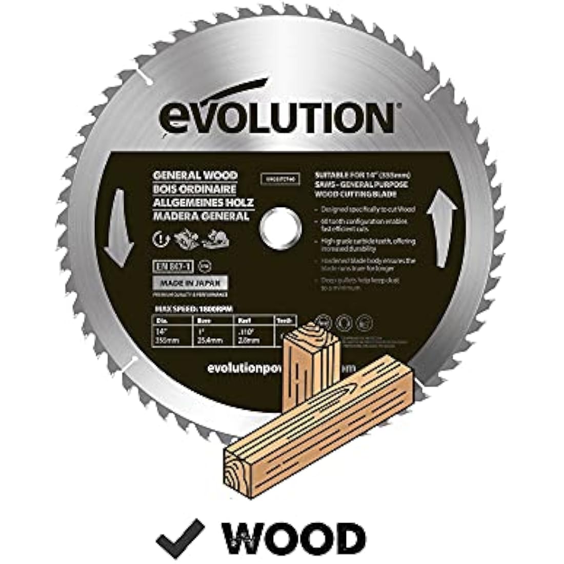 Evolution Power Tools GW355TCT-60 General Wood Carbide Tipped TCT Blade, For Chop Saws, Smooth and Fast Cuts In Wood, Clean, Splinter Free Cut, 60 Teeth, 355 mm