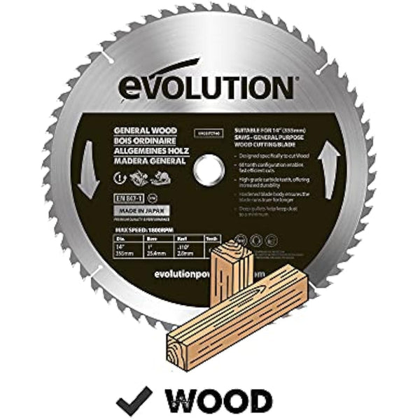 Evolution Power Tools GW355TCT-60 General Wood Carbide Tipped TCT Blade, For Chop Saws, Smooth and Fast Cuts In Wood, Clean, Splinter Free Cut, 60 Teeth, 355 mm