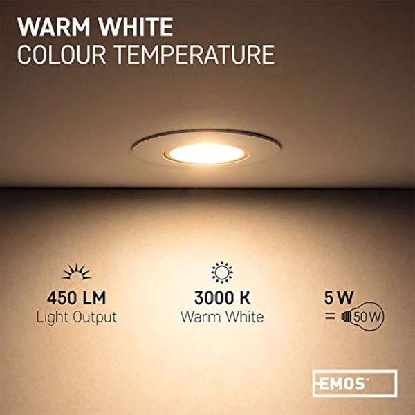 EMOS LED Spot Lights Ceiling Round 5W / 450lm, 3000K Warm White | 50° Tilt Swivel Recessed Ceiling Lights, Ultra Slim | Pack of 12 Recessed LED Downlights for Ceiling, Mains Powered, White