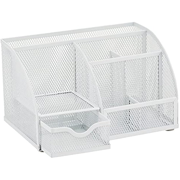 EXERZ Desk Organiser/Mesh Desk Tidy Caddy/Pencil Holder Multifunctional with 7 Compartments– White
